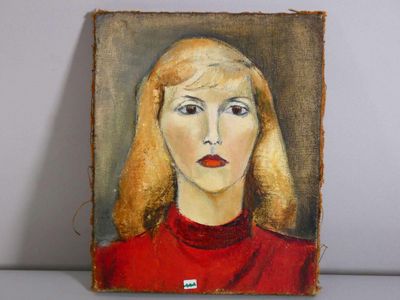 peinture représentant une femme en robe rouge sur un bloc de bois