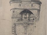 a drawing of a tower with a clock on it