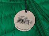 the back of a green jacket with a barcode tag on it
