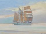 painting of a sailboat in the ocean with a sky background