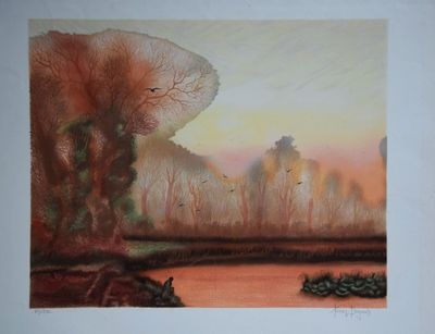a picture of a painting of a landscape with trees