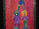 a painting of a group of people on a red background