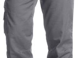 the man is wearing a pair of gray pants and a white shirt