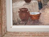 a painting of a pot and a bowl on a table