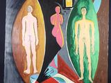 un tableau représentant un homme et une femme debout devant un miroir