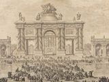 a drawing of a large crowd of people in front of a building