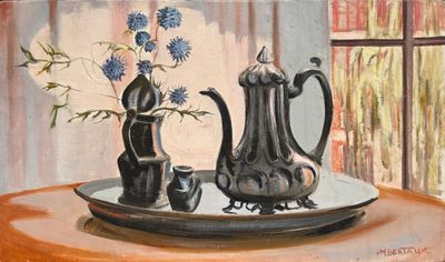 une peinture représentant une théière et deux tasses posées sur une table