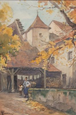 painting of a woman and child walking down a path in front of a house