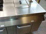 stainless steel counter top in a commercial kitchen with two ovens