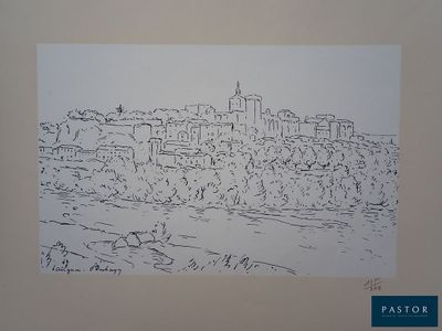dessin représentant une vue de ville avec une rivière au premier plan et des arbres au premier plan