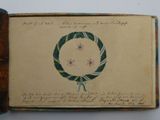 an open book with a drawing of a wreath on it