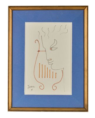 un dessin représentant un chat à la longue queue, dans un cadre bleu