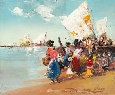 painting of a group of people on a beach with a boat in the background