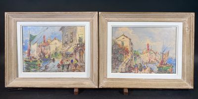 deux tableaux encadrés représentant une scène urbaine avec des passants marchant dans la rue