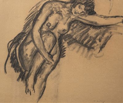 dessin représentant une femme nue appuyée contre un mur, les bras tendus