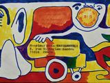 a painting of a bus with a man and a woman on it