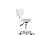 le dossier d'un tabouret blanc avec un piètement chromé et un repose-pieds
