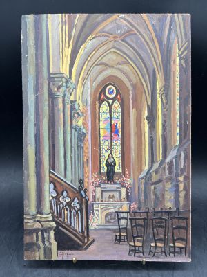 a painting of a church with a stained glass window