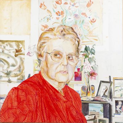 a painting of a woman in a red shirt sitting at a desk