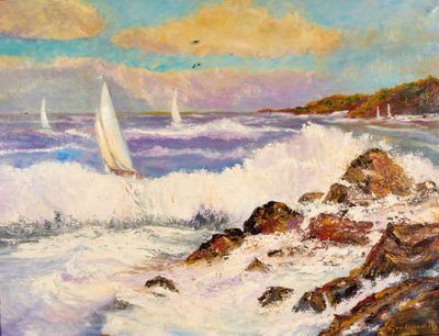 une peinture représentant un voilier sur l'eau, près des rochers