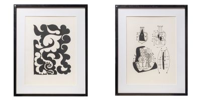 two framed black and white prints of abstract shapes