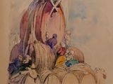 an image of a drawing of a woman sitting on top of a pile of hay