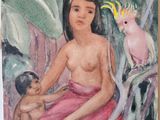 a painting of a woman with a bird on her shoulder
