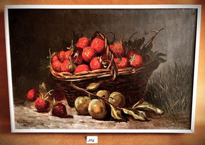 a painting of strawberries and peaches in a basket