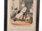 an old picture of a man sitting in a chair with a cat