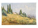 un tableau représentant un champ avec des arbres et des buissons au premier plan