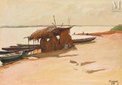 un tableau représentant une cabane au bord d'un lac