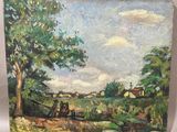 an oil painting of a farm scene with a tractor in the foreground and a tree in the foreground