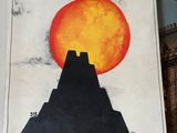 a picture of a picture of a mountain with a sun in the background