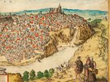 an old drawing of a city with a lot of people on it
