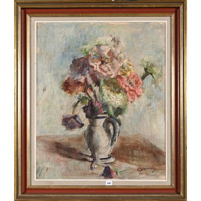 une peinture à l'huile représentant un vase de fleurs sur une table