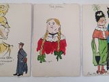 three cards with drawings of people dressed in costumes and hats