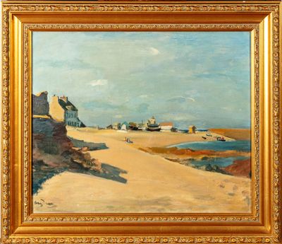 une image représentant une peinture d'une scène de plage avec des bateaux sur l'eau