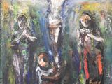 a painting of jesus on the cross with three people