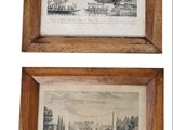 deux reproductions encadrées représentant une vue d'un village et d'une rivière