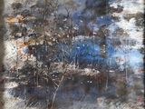 an abstract painting of a tree in the middle of a field