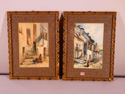 two framed paintings of a street scene with a man walking down the street