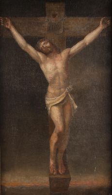a painting of a person on a cross with a cross in the background