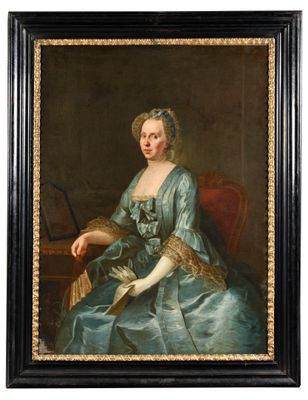 a painting of a woman in a blue dress sitting on a red chair