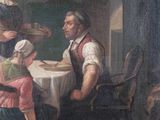 a painting of a family sitting around a table