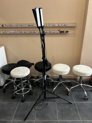 four stools and a microphone stand in a room