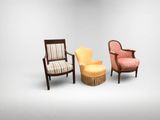 two chairs and a ottoman in a room with a white wall