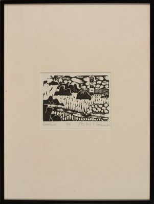 a black and white drawing of a landscape in a black frame