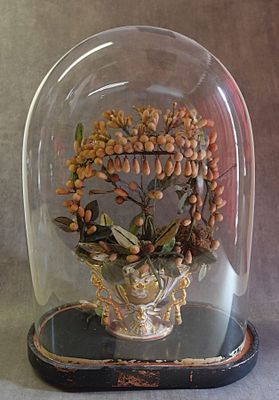 une cloche en verre contenant un bouquet de fleurs