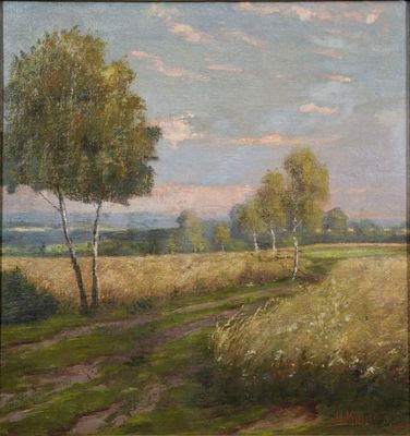une peinture à l'huile représentant un champ avec des arbres et un chemin de terre