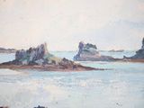 painting of a view of a body of water with a small island in the distance